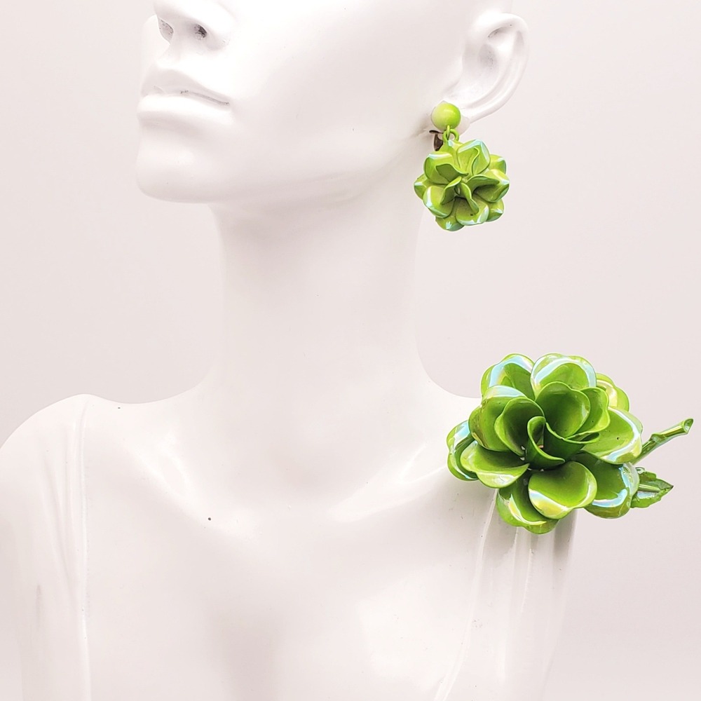 Lime Green Flower Power Brooch Clip Earrings Iridescent Enamel Pin Hippie Summer